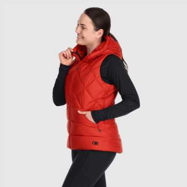 Outdoor Research Damen-kaltfront-daunenweste Mit Kapuze Cranberry