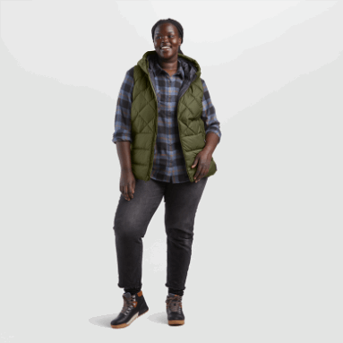 Outdoor Research Damen-kaltfront-daunenweste Mit Kapuze Loden