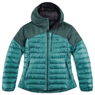 Outdoor Research Damen Helium Daunen Hoodie Deep Lake/Treeline